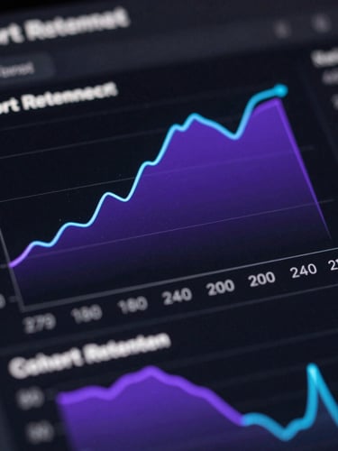 Macro close-up of a high-fidelity dark-mode analytics dashboard, showing real-time cohort retention curves and attribution graphs in electric purple and cyan lines on a pitch-black screen.