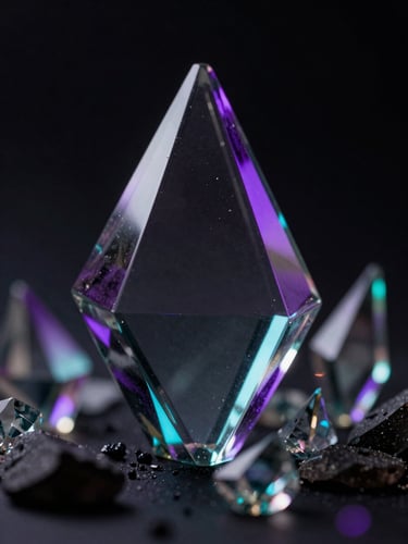 Macro close-up of dark 3D geometric glass shards refracting electric purple and cyan light beams, deep black background, technical aesthetic.