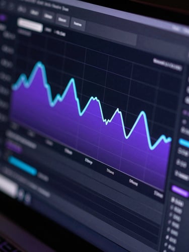 Macro close-up of a dark-mode analytics dashboard showing high-contrast purple and cyan line charts, low-key studio lighting with electric purple rim-lighting on the screen edge.