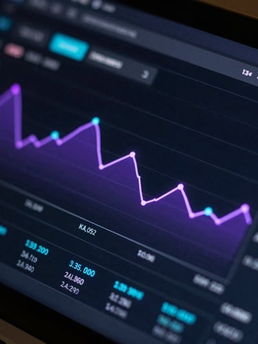 Macro close-up of a dark-mode analytics dashboard with electric purple line charts and cyan data points, low-key rim lighting.