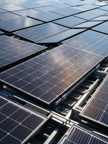 Close-up of high-efficiency solar panel arrays reflecting hard, bright blue sky, sharp geometric lines, deep slate and amber tones, architectural photography.