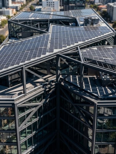 High-angle architectural photography of a modern commercial building frame under bright direct sunlight, sharp steel lines casting geometric shadows, solar array integrated on the roof.