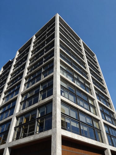 Sharp architectural photography, bright direct sunlight, high-contrast concrete and steel framing against clear blue sky, wide-angle lens