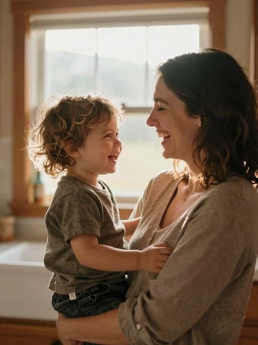 Candid portrait of a mother laughing with her young child in a sunlit Chelan kitchen, warm natural light diffusing through a window, soft focus, rich earth tones, 35mm photography