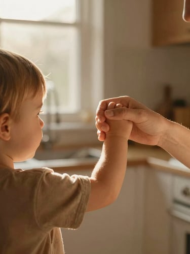 A close-up candid photograph of a mother holding her toddler's hands in a sunlit kitchen, warm golden-hour light streaming through a window, soft earth tones