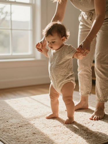 A warm, candid photo of a mother guiding her toddler's first steps on a soft rug, warm natural daylight from a nearby window, soft focus