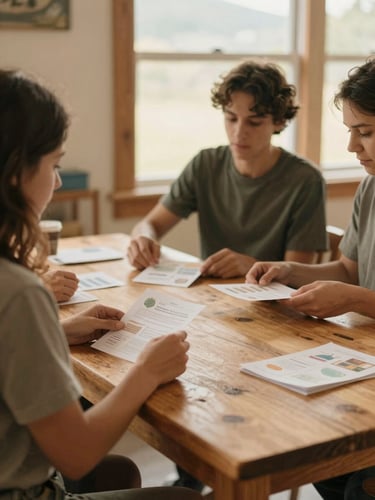 Medium environmental shot of a community workshop in Chelan, soft diffused indoor daylight, hands sharing educational materials over a rustic wooden table, warm sand tones