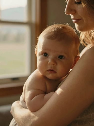 Close-up candid portrait of a mother holding her baby in a warm sunlit room in Chelan, soft golden-hour natural light filtering through a window, rich earth tones, shallow depth of field, 35mm photography.
