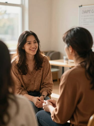 A local community advocate speaking warmly with a mother in a brightly lit community center, soft natural light, warm earth tones, candid connection.