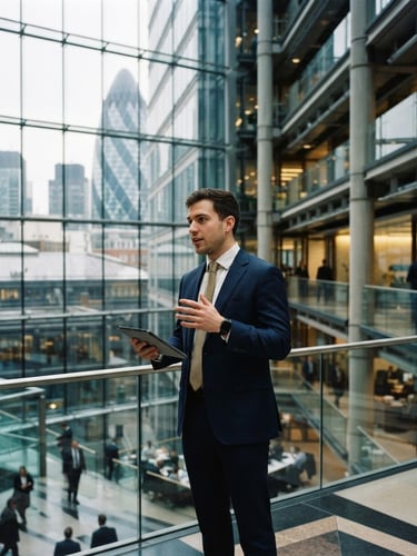 Modern architectural interior of a London financial hub, cool natural overcast daylight reflecting on glass facades, shallow depth of field, 35mm