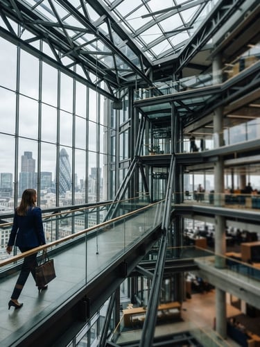 Wide environmental shot of a modern glass-and-steel financial tower interior in London, cool natural overcast daylight, sharp architectural geometry, shallow depth of field, 35mm
