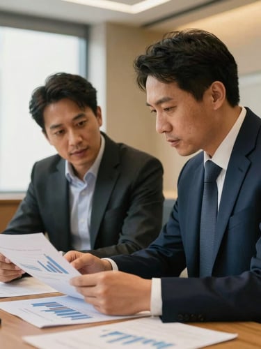 Candid medium-close portrait of two diverse executives analyzing financial charts in a modern boardroom, warm interior architectural lighting, shallow depth of field, 35mm