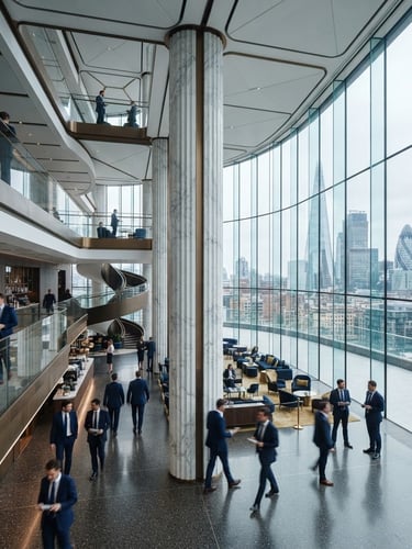 Wide environmental shot of a modern architectural interior of a global financial hub in London, cool overcast daylight streaming through floor-to-ceiling windows, soft gold highlights on clean marble columns.