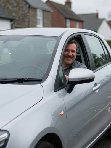A friendly local driver in a clean silver car parked on a quiet Pontyclun street, soft overcast daylight, natural cool tones, 35mm lens.