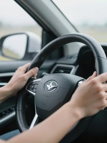 A close-up of a driver's hands on a clean steering wheel, soft morning light filtering through the window, honest editorial photography.