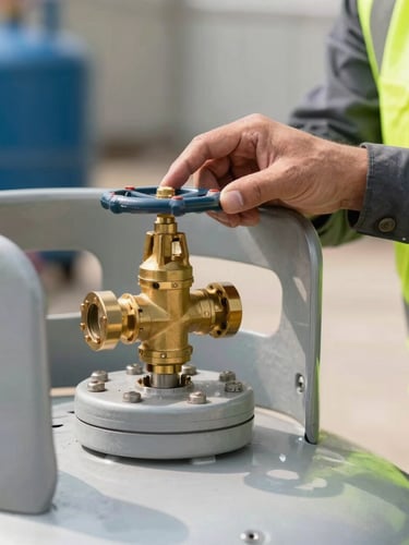 Close-up macro shot of a professional technician in high-visibility safety gear inspecting a brass valve connection on a large outdoor propane tank, bright natural daylight, sharp focus.