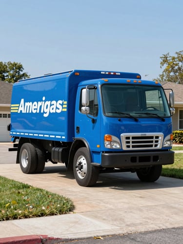 A clean blue Amerigas propane delivery truck parked on a suburban driveway, bright clear daylight, environmental shot