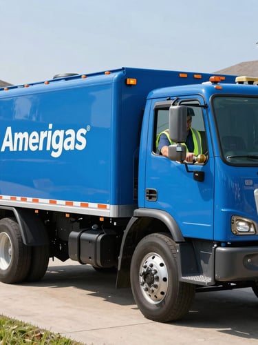 A clean blue Amerigas propane delivery truck parked on a residential driveway on a bright sunny day, professional driver in high-visibility safety vest holding a brass nozzle connection.
