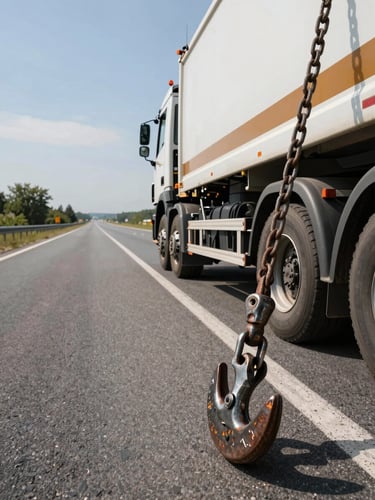 Wide environmental shot from roadside shoulder in natural daylight, a recovery truck's heavy tow hook and chain in sharp foreground focus, amber safety markings on the truck body visible, Turkish highway stretching into distance behind, low-angle framing emphasizing scale of equipment