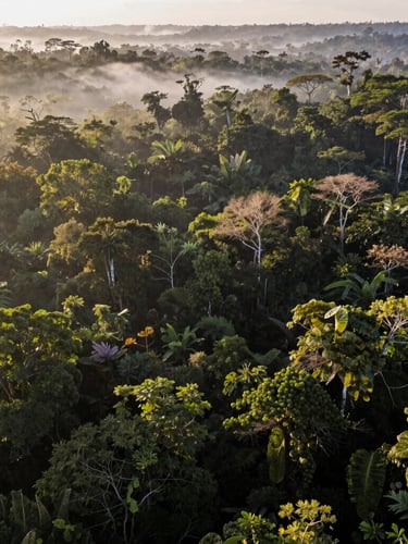 Wide-angle aerial view of a dense, lush Brazilian rainforest canopy at sunrise, soft morning mist rising, highly detailed, professional environmental photography.