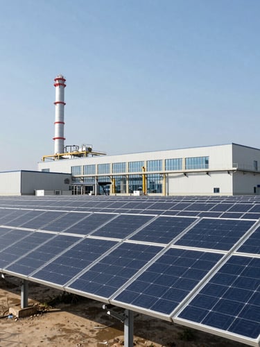 Wide environmental shot of a modern industrial solar array under bright, natural daylight, clean architectural lines.