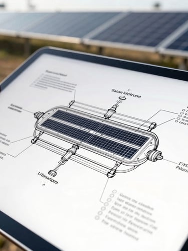 Close-up of technical solar engineering schematics on a tablet, with blurred industrial solar panels in the background, bright natural daylight, precise and clean.
