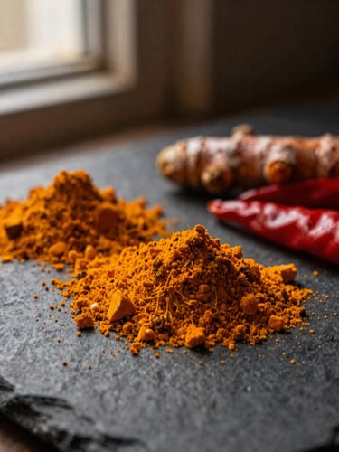 Macro close-up of vibrant turmeric and red chili mounds on a dark stone surface, warm dramatic side window light, 35mm film texture