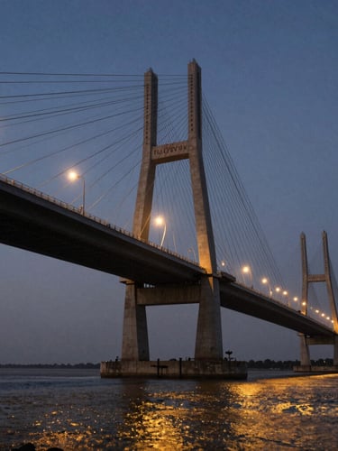 Low-angle architectural shot of the Bandra-Worli Sea Link cables against a deep twilight sky, golden hour reflections on the water.