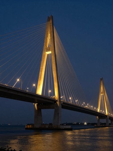 Low-angle architectural shot of the Bandra-Worli Sea Link at twilight, glowing golden cables against deep navy sky, calm Arabian Sea.