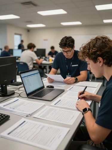 Environmental wide shot of a volunteer coordination center, overhead fluorescent and natural light, two staff members reviewing printed rosters spread across a long table, a laptop open beside them showing a scheduling interface, practical and task-focused