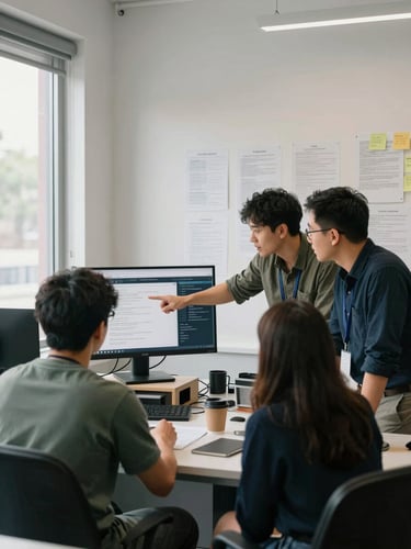 Wide environmental shot of a small nonprofit team gathered around a monitor in a sparse office, two people pointing at a data dashboard on screen, natural window light from the left, papers and sticky notes on the wall behind them, no posed expressions — candid mid-discussion moment