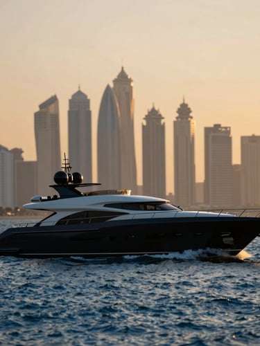 Sleek superyacht silhouette cutting through deep blue water at golden hour, Dubai skyline blurred in the background, cinematic lighting, portrait crop.