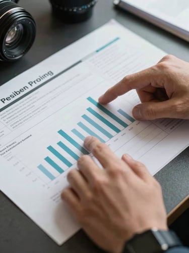 Close-up of hands pointing at a printed campaign performance report on a dark desk, teal chart lines visible on the page, even north-facing daylight, no faces shown