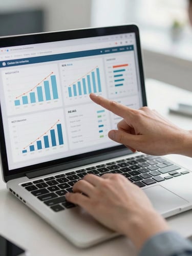 Close-up of hands pointing at a multi-channel campaign analytics dashboard on a laptop screen, clean north-facing office daylight, data charts and ROAS metrics visible, shallow focus on the screen