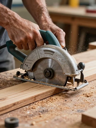Extreme close-up of weathered hands gripping a circular saw mid-cut through a thick wood countertop slab on a workshop bench, sawdust suspended in warm overhead shop light, raw material grain visible