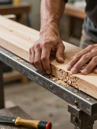 Extreme close-up of a craftsman's hands clamping a rough-cut wood plank to a steel workbench, sawdust caught mid-air under warm overhead shop lighting, concrete floor visible in the lower background, tools resting at the edge of the frame