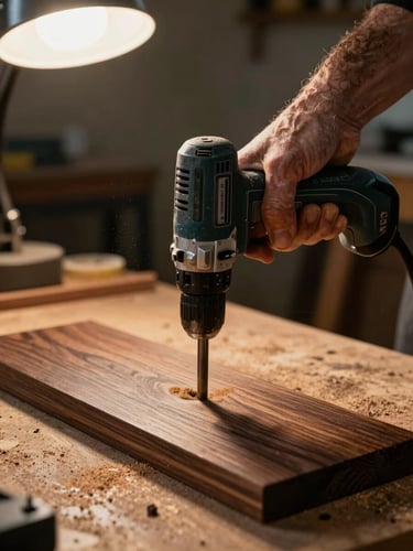 Extreme close-up of a calloused hand gripping a power drill mid-operation into dark hardwood on a workshop bench, warm overhead shop light casting hard shadows, sawdust visible in air, documentary clarity, no lifestyle staging