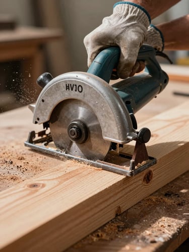 Extreme close-up of a worker's gloved hands gripping a circular saw mid-cut through dimensional lumber on a workbench, sawdust suspended in the air, warm overhead shop lighting casting hard shadows on the wood grain, documentary clarity