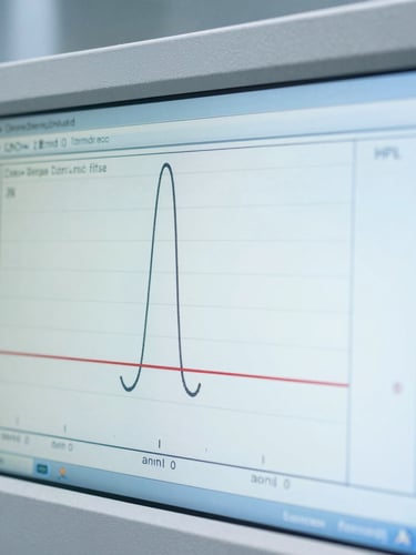 Macro shot of a digital HPLC readout screen displaying sharp chromatogram peaks in a brightly lit, cool clinical laboratory.