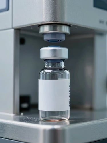 Close-up shot of a sealed peptide vial inside a sterile cleanroom, stainless steel equipment background, cool clinical laboratory light, 35mm