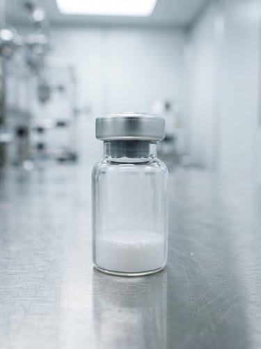Clinical industrial photography, bright cool laboratory light, a close-up of a sealed peptide vial on a stainless steel surface, sharp macro details, 35mm