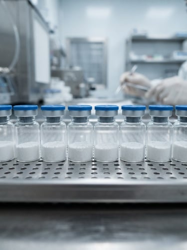 clinical industrial photography of sealed peptide vials in a sterile cleanroom environment, bright cool laboratory light, sharp macro details, 35mm