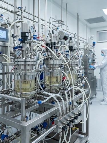 Clinical industrial photography of stainless steel peptide synthesis reactors in a sterile cleanroom under bright cool laboratory light, sharp macro details, 35mm
