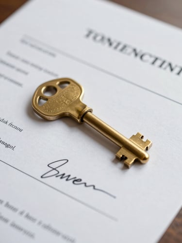 A close-up of a modern brass key resting on a pristine, signed tenancy agreement document, soft natural side lighting, clean architectural lines.