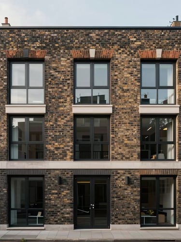 Straight-on architectural photograph of a modern London residential brick townhouse facade, soft natural morning daylight, balanced composition with clean lines, high-end editorial style.