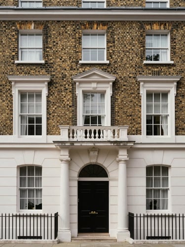 Straight-on architectural photograph of a classic London brick townhouse facade, soft natural daylight, clean lines, balanced composition.