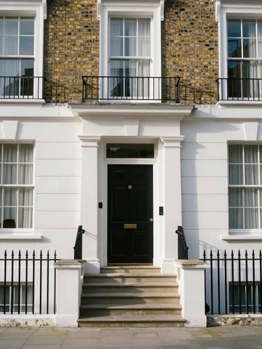 Straight-on architectural photograph of a renovated London townhouse exterior, soft natural morning daylight, clean brickwork and stone steps.
