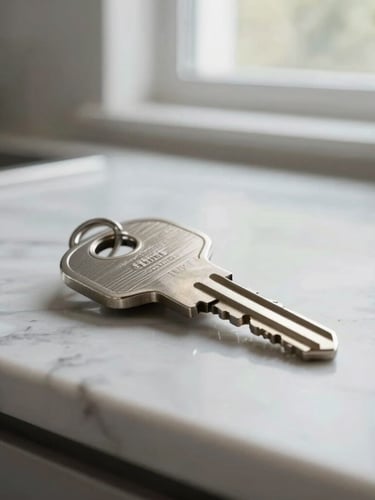 Close-up of a modern brushed-metal key resting on a pristine marble kitchen counter, soft natural window light, shallow depth of field.