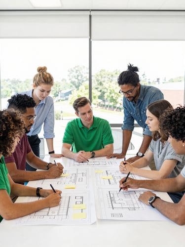 Bright editorial photography, natural daylight, a diverse team of community planners collaborating around a table with blueprints and sticky notes in a sunlit Etowah office, wide angle, 35mm