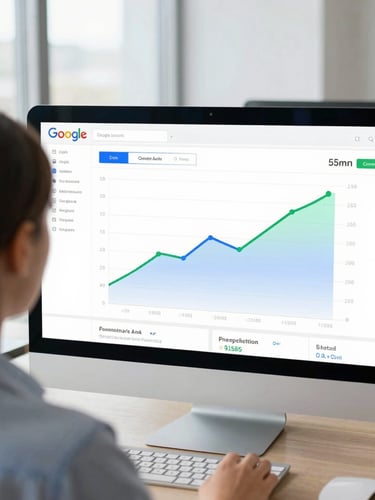 Over-the-shoulder shot looking at a high-density Google Ads dashboard with positive growth curves, bright natural office light, cool blue and green accents, sharp focus, 35mm lens